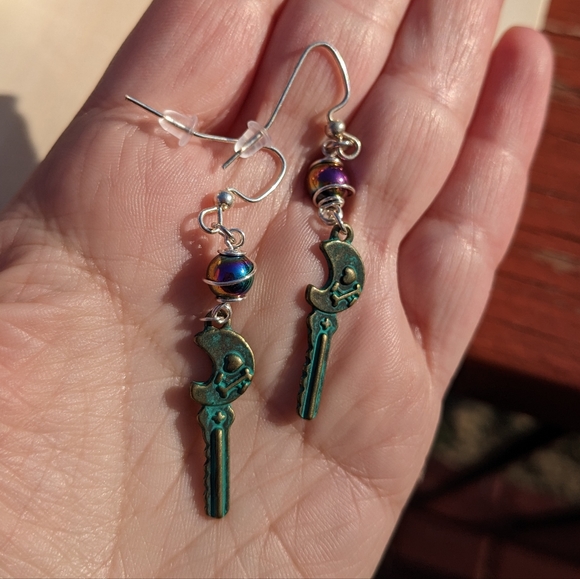 Rainbow Hematite Wrapped Key Earrings Handmade Silver Wire Steampunk - Picture 5 of 8